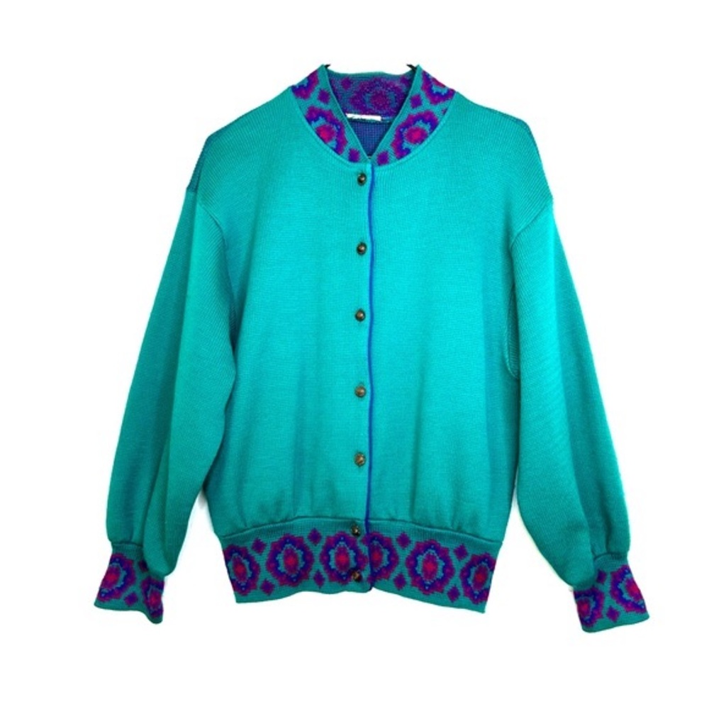 Vintage 80s Cardigan Sweater Teal Green Purple Bronze  Buttons Nordic Après Ski